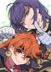  1boy 1girl arm_up black_cape black_headband cape earrings gem gloves grey_gloves grin headband high_collar jewelry lina_inverse long_hair notice_lines one_eye_closed orange_hair pink_lips purple_eyes purple_hair red_eyes red_gemstone red_shirt shirt short_hair slayers smile teeth white_gloves xelloss yellow_shirt yufy 