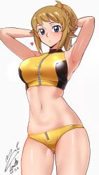  1girl absurdres armpits arms_behind_head arms_up blush breasts brown_hair commentary_request cowboy_shot crop_top dated gluteal_fold gundam gundam_build_fighters gundam_build_fighters_try heart highres hoshino_fumina large_breasts looking_at_viewer navel panties ponytail purple_eyes signature simple_background solo sports_bra stomach thighs turtleneck underwear white_background yellow_panties yellow_sports_bra yoo_tenchi 