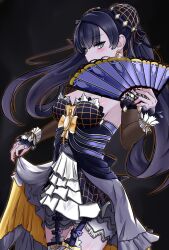  1girl absurdres bellona_(epic_seven) black_background black_garter_straps blue_hair breasts commentary detached_sleeves double_bun dress dress_tug earrings epic_seven garter_straps green_eyes hair_bun hand_fan highres holding holding_fan jewelry long_hair looking_at_viewer medium_breasts simple_background solo thighs yunareas 