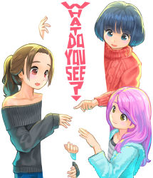  1boy 3girls black_sweater blue_eyes blue_hair blunt_bangs brown_hair english_text fingernails grey_shirt himeshaga hood hood_down hoodie long_hair multiple_girls optical_illusion original pink_hair pointing ponytail red_eyes red_sweater sexually_suggestive shirt short_hair simple_background standing striped_clothes striped_shirt sweater sweater_vest white_background yellow_eyes  rating:Sensitive score:23 user:danbooru