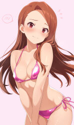  1girl areola_slip baji_toufuu_(bajitohfu) bikini blush breasts brown_hair highres idolmaster loli long_hair medium_breasts minase_iori pink_bikini red_eyes side-tie_bikini_bottom simple_background swimsuit 