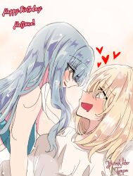  2girls bang_dream! bang_dream!_it&#039;s_mygo!!!!! blonde_hair blue_bra blue_eyes blush bra commentary couple english_commentary english_text eye_contact full-face_blush happy_birthday heart highres long_hair looking_at_another loving_aura medium_hair misumi_uika multiple_girls no_shirt open_mouth parted_lips shirt sketch smile t-shirt togawa_sakiko underwear white_background white_shirt yoruneko_(liampadolina) yuri 