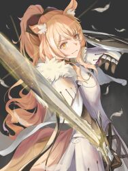  1girl absurdres animal_ear_fluff animal_ears arknights arm_guards armor belt black_background black_bow black_gloves blemishine_(arknights) blonde_hair bow brown_eyes cape closed_mouth commentary_request feathers full_armor fur-trimmed_cape fur_trim gloves hair_bow high_ponytail highres holding holding_sword holding_weapon horse_ears horse_girl horse_tail jierman kingdom_of_kazimierz_logo long_hair looking_at_viewer ponytail shield sidelocks simple_background solo sword tail thighhighs upper_body v-shaped_eyebrows weapon white_cape 