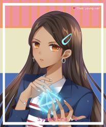  1girl alternate_costume blue_jacket bracelet breasts brown_eyes brown_hair buttons character_name cross cross_earrings dark-skinned_female dark_skin earrings female_focus fingernails hair_ornament hairclip hands_up heart highres hologram hoop_earrings jacket jewelry kaoruru_(sakuno2911) long_fingernails long_hair long_sleeves looking_at_viewer open_clothes open_jacket overwatch overwatch_1 parted_bangs shirt solo striped_clothes striped_shirt symmetra_(overwatch) twice_(group) upper_body  rating:Sensitive score:8 user:danbooru