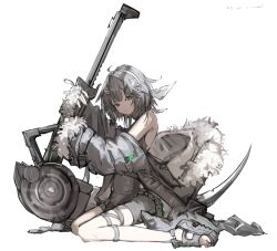  1girl ahoge arknights bare_shoulders calflet closed_mouth dated dot_mouth dot_nose expressionless from_side full_body fur-trimmed_hood fur-trimmed_jacket fur-trimmed_sleeves fur_trim grey_eyes grey_hair grey_jacket grey_sandals grey_shirt grey_shorts hair_ornament hairband hairclip hashtag-only_commentary highres holding holding_scythe holding_weapon hood jacket la_pluma_(arknights) looking_at_viewer no_socks off_shoulder parted_bangs pppmepl sandals scythe shirt short_hair shorts signature simple_background sitting sleeveless sleeveless_shirt solo thigh_strap wariza weapon white_background white_hairband 