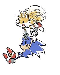  2boys arms_up black_eyes blue_fur carrying flying fox_boy full_body furry furry_male gloves grin hedgehog_boy highres looking_ahead male_focus multiple_boys open_mouth red_shoes shoes simple_background smile sonic_(series) sonic_the_hedgehog sonic_the_hedgehog_(classic) tails_(sonic) teeth white_background white_fur white_gloves yellow_fur zukoko_rkgk 