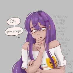  doki_doki_literature_club english_text glasses glasses_girl glasses_view googly_eyes nervous off_shoulder purple_eyes purple_hair shirt speech_bubble virgin white_shirt wormygums yuri_(doki_doki_literature_club) 