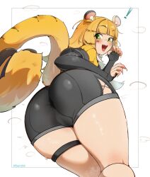  ! 1girl :d absurdres animal_ear_fluff animal_ears ass black_shorts black_sleeves blonde_hair blunt_bangs blush bullxon cameltoe colored_inner_hair commentary fang fingernails from_behind green_eyes hand_up highres inset_border jacket ju_fufu kyojiri_loli layered_sleeves loli long_fingernails long_hair long_sleeves looking_at_viewer looking_back multicolored_hair open_mouth pants short_over_long_sleeves short_shorts short_sleeves shorts skin_fang smile solo striped_fur striped_hair sweat tail tail_ornament teeth thigh_strap thighs tiger_ears tiger_girl tiger_stripes tiger_tail tight_clothes tight_pants tongue twitter_username two-tone_hair upper_teeth_only white_background white_hair yellow_jacket yellow_nails zenless_zone_zero 