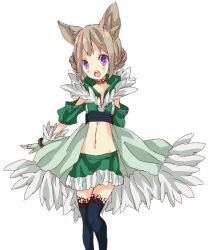  1girl animal_ears black_thighhighs blush brown_hair cat_ears cat_girl coat commentary_request double_bun feet_out_of_frame fur-trimmed_coat fur_trim green_coat green_skirt hair_bun lace lace-trimmed_thighhighs lace_trim looking_at_viewer meiko_(nattu303) midriff miniskirt navel open_mouth purple_eyes ragnarok_online shadow_chaser_(ragnarok_online) short_hair simple_background skirt smile solo thighhighs white_background 