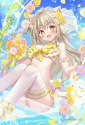  1girl ahoge animal_ear_fluff animal_ears armband ass bare_shoulders bikini blonde_hair blush bouquet bow breasts choker cleavage collar flower frilled_choker frills gloves hair_bow hair_flower hair_ornament headdress holding holding_bouquet large_breasts long_hair looking_at_viewer open_mouth original picpicgram sitting smile solo stomach swimsuit thigh_strap thighhighs thighs white_gloves white_thighhighs wristband yellow_bikini yellow_eyes 