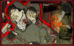  black_gloves black_hair blood blood_in_hair blood_on_clothes blood_on_hands blood_splatter border clenched_teeth closed_eyes colored_sclera colored_teeth constricted_pupils crazy_eyes cry_of_fear crying dual_persona english_text fingerless_gloves gloves grey_hoodie hammer head_tilt health_bar highres holding holding_hammer hood hood_up hoodie hug hug_from_behind male_focus multiple_views ornate_border outline photo_inset red_border red_outline s1ck-sweet short_hair simon_henriksson simon_henriksson_(book) strangling sweatdrop teeth wide-eyed yellow_sclera yellow_teeth 