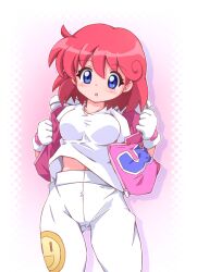  1girl :d :o baggy_pants blue_eyes blush collarbone commentary_request cowboy_shot dressing gloves gluteal_fold head_tilt midriff_peek navel open_clothes open_mouth open_vest pants parted_lips pastel_(twinbee) pink_hair pink_vest shirt short_hair simple_background smile smiley_face smiley_print solo twinbee vest white_shirt zipang_(zip@ng_works) 
