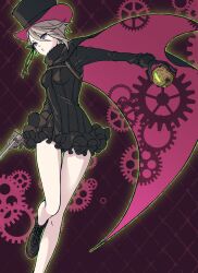  1girl absurdres ange_(princess_principal) bare_legs black_gloves black_hat black_leotard black_shoes cape cavorite_ball frilled_skirt frills fur_trim gears gloves grey_hair gun hat highres holding holding_gun holding_weapon leotard long_sleeves miniskirt princess_principal shoes skirt solo standing top_hat ushiyama_ame weapon 