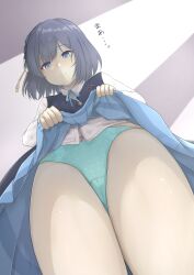  1girl absurdres aqua_panties aqua_ribbon blue_eyes blue_skirt blue_vest blush bow bow_panties braid buttons cameltoe closed_mouth clothes_lift collared_shirt commentary_request crotch_seam daigonosake flower from_below gakuen_idolmaster hair_flower hair_ornament hataya_misuzu highres idolmaster lifting_own_clothes long_sleeves looking_at_viewer looking_down neck_ribbon panties pleated_skirt polka_dot polka_dot_panties purple_hair ribbon shirt shirt_tucked_in side_braid skirt skirt_lift smile solo striped_clothes striped_skirt translation_request underwear vest white_flower white_shirt 
