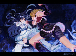  2girls arm_warmers battle belt bike_shorts bike_shorts_under_skirt black_gloves black_skirt blue_hair bow clenched_teeth cure_black cure_white dark_blue_hair dress earrings frilled_dress frilled_skirt frills futari_wa_precure gloves hair_bow hair_ornament hand_grab heart highres ice jewelry kneepits koyomania long_hair magical_girl matching_hair/eyes misumi_nagisa multiple_girls orts_under_skirt precure punching sad short_hair shorts skirt snow teeth twitter_username white_dress yukishiro_honoka  rating:General score:7 user:Amololis