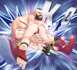  1boy 1girl absurdres ass beard black_hair blue_background blush boots breasts brown_eyes cameltoe clenched_teeth commentary_request defeat duel facial_hair fatal_fury folded height_difference highres k.o. leotard mohawk motoyui muscular muscular_male omaehasaigoni open_mouth ponytail powerbomb red_boots red_leotard rolling_eyes ryona scar scar_on_arm shiranui_mai sitting size_difference slam street_fighter street_fighter_6 teeth the_king_of_fighters toes wrestling zangief 