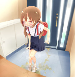 1girl 22m backpack bag blue_skirt blush brown_eyes brown_hair crying day door embarrassed female_focus flat_chest full_body heel_up highres indoors loli long_hair miniskirt nose_blush open_mouth original pee pee_stain pee_trail peeing peeing_self pleated pleated_skirt puddle randoseru school_uniform shirt shoes short_sleeves skirt socks solo stain stained_clothes stained_skirt stained_socks standing steam suspenders tears twintails wavy_mouth wet wet_clothes wet_footwear wet_skirt wet_socks white_shirt white_shoes white_socks rating:Sensitive score:58 user:AngryZapdos
