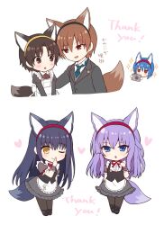  2boys 3girls :d ;) alternate_costume animal_ear_hairband animal_ears apron black_corset black_hair black_hairband black_pantyhose black_shoes black_suit blue_eyes blue_necktie blush bow brown_eyes brown_hair camera chibi chibi_only closed_mouth collared_shirt commentary_request company_connection corset cropped_torso crossdressing dress english_text enmaided eyes_visible_through_hair fake_animal_ears finger_to_mouth formal_clothes fox_ears fox_tail frilled_apron frilled_dress frilled_wrist_cuffs frills full_body grey_dress grey_wrist_cuffs hair_between_eyes hairband hand_on_another&#039;s_back hand_up heart highres holding holding_camera index_finger_raised jitome juliet_sleeves key_(company) kushima_kamome little_busters! long_hair long_sleeves looking_at_another looking_at_viewer maid maid_apron male_focus male_maid multiple_boys multiple_girls nakamura_hinato naoe_riki natsume_kyousuke neck_ribbon necktie nishizono_mio one_eye_closed open_mouth pantyhose puffy_short_sleeves puffy_sleeves purple_hair red_bow red_eyes red_hairband red_ribbon ribbon shirt shoes short_hair short_sleeves simple_background sleeve_bow smile sorakado_ai sparkle standing straight_hair suit summer_pockets tail tareme translated trap triangle_mouth tsurime upper_body very_long_hair white_apron white_background white_shirt wrist_cuffs yaoi yellow_eyes yellow_hairband 
