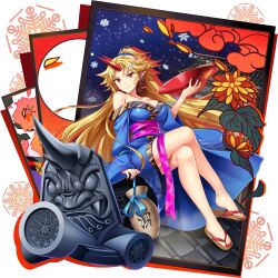 1girl alcohol alternate_costume arm_support bare_legs blonde_hair blue_kimono breasts cleavage closed_mouth collarbone commentary crossed_legs cup feet fingernails flip-flops game_cg highres horns hoshiguma_yuugi hoshiguma_yuugi_(kabukimono_of_the_former_capital) hoshiguma_yuugi_(kimono) japanese_clothes kimono legs long_hair long_sleeves medium_breasts nail_polish obi off_shoulder official_alternate_costume official_art pointy_ears purple_sash red_horns red_nails rotte_(1109) sakazuki sake sandals sash single_horn smile solo third-party_source toenail_polish toenails toes touhou touhou_lostword transparent_background very_long_hair wide_sleeves 