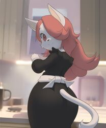  1girl absurdres animal_ears apron black_dress blurry blurry_background cat_ears cat_girl cat_tail clothing_cutout cyber_connect_2 dress facing_away female_focus from_behind furry furry_female hair_over_one_eye hanna_fondant highres indoors inkune kettle kitchen little_tail_bronx long_hair looking_at_viewer pink_eyes pink_hair senjou_no_fuuga smile solo stove tail tail_through_clothes 