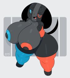  1girl absurdres animal_ears blue_eyes breasts chapsan colored_nipples curvy dog_ears dog_tail furry grey_background heterochromia highres huge_areolae huge_breasts looking_at_viewer nintendo nintendo_switch nintendo_switch_2 nipples nude open_mouth raised_eyebrow red_eyes smile smug standing switch_dog tail thick_thighs thighhighs thighs wide_hips 
