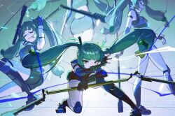  1girl =_= absurdres afterimage android ass black_gloves black_shoes closed_eyes commentary fingerless_gloves gloves green_eyes green_hair highres holding holding_staff knee_pads long_hair looking_at_viewer midriff police police_uniform qingyi_(zenless_zone_zero) qu_uo shoes sleeveless sphere_hair_ornament staff three_section_staff twintails uwu zenless_zone_zero 