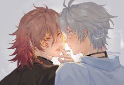  2boys akabane_yu antenna_hair black_choker black_jacket black_shirt blonde_hair blue_eyes braid choker collared_shirt eye_contact facial_tattoo gradient_hair hair_between_eyes honkai:_star_rail honkai_(series) jacket looking_at_another male_focus medium_hair multicolored_hair multiple_boys mydei_(chrysos_chef)_(honkai:_star_rail) mydei_(honkai:_star_rail) official_alternate_costume phainon_(chrysos_chef)_(honkai:_star_rail) phainon_(honkai:_star_rail) red_hair red_tattoo shirt short_hair side_braid simple_background smoke smoke_trail smoking sweatdrop tattoo twitter_username white_background white_hair white_shirt yellow_eyes 