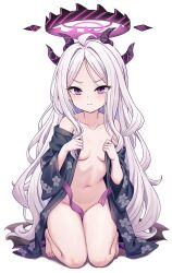  1girl ahoge barefoot black_halo blue_archive blush breasts demon_girl demon_horns demon_wings feet full_body halo hina_(blue_archive) horns loli long_hair looking_at_viewer milkshakework navel purple_eyes simple_background sitting small_breasts solo toes very_long_hair white_hair wings 