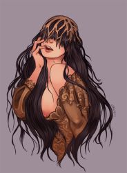  1girl breasts dark_souls_(series) dark_souls_i dark_souls_iii dress female_focus fromsoftware hair_over_eyes long_hair medium_breasts nipple_slip nipples no_bra off_shoulder rosaria_mother_of_rebirth simple_background solo tagme upper_body  rating:Questionable score:29 user:Vigilante#179