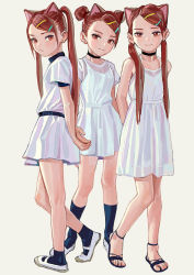 3girls animal_ears artist_name bare_arms bare_shoulders black_choker black_footwear blue_socks brown_eyes brown_hair cat_ears choker closed_mouth double_bun dress fkey grey_background hair_bun hair_ornament hairclip head_tilt highres kneehighs long_hair multiple_girls original revision sandals shoes short_sleeves simple_background sleeveless sleeveless_dress smile socks standing standing_on_one_leg swept_bangs twintails uwabaki very_long_hair white_dress white_footwear rating:Sensitive score:58 user:danbooru