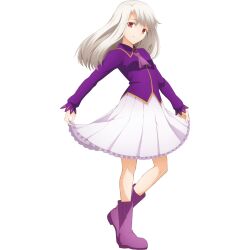 1girl boots clothes_lift dress dress_shirt fate/stay_night fate/stay_night_heaven&#039;s_feel fate_(series) highres holding_cloth illyasviel_von_einzbern long_hair long_sleeves looking_at_viewer necktie official_art purple_boots purple_dress purple_necktie purple_shirt red_eyes shirt skirt skirt_lift smile solo ufotable white_background white_hair white_skirt