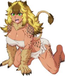 1girl aeode all_fours animal_ears animal_hands animal_print barefoot blonde_hair borrowed_character breasts brown_hair chuunioniika claws cleavage commentary commission dark-skinned_female dark_skin english_commentary female_focus full_body fur green_eyes highres large_breasts leopard_print lion_ears lion_tail long_hair messy_hair monster_girl multicolored_hair muscular muscular_female original solo strapless tail thick_thighs thighs transparent_background tube_top two-tone_hair rating:Sensitive score:29 user:danbooru