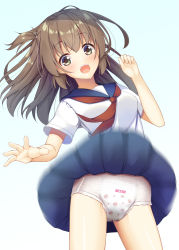  1girl black_hair blush breasts diaper diaper_focus diaper_peek diaper_under_clothes female_focus flat_chest loli original panties print_diaper pull-up_diaper school_uniform small_breasts solo underwear upskirt win_opz  rating:Questionable score:45 user:champignon