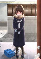 1girl @_@ backlighting bag between_legs black_pantyhose blue_footwear blue_gloves blue_sailor_collar blue_shirt blue_skirt blush breath brown_hair brown_scarf commission day disembodied_hand door embarrassed female_focus flat_chest full_body gloves hand_between_legs have_to_pee highres loli long_sleeves looking_at_viewer neckerchief nose_blush open_mouth orange_eyes original outdoors pantyhose pee pee_trail peeing peeing_self plaid_clothes plaid_scarf pleated_skirt pov puddle sailor_collar scarf school_bag school_uniform serafuku shirt shoes sidelocks skeb_commission skirt sneakers solo_focus standing steam straight-on swept_bangs tears tile_floor tiles trembling urabe_miyabi water_drop wet wet_clothes white_neckerchief winter_clothes rating:Questionable score:89 user:AngryZapdos