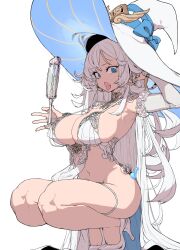  1girl absurdres arm_up armpits artist_request bangle bare_shoulders bikini blue_eyes bottomless bracelet breasts bridal_gauntlets choker cleavage commission covered_erect_nipples dildo halterneck hat high_heels highres holding holding_sex_toy implied_fellatio jewelry large_breasts large_hat long_hair navel open_mouth original pelvic_curtain priana purnwui saliva saliva_trail second-party_source sex_toy sexually_suggestive sideboob simple_background solo squatting stomach strap_gap string_bikini swimsuit thigh_strap thighs tongue tongue_out very_long_hair white_background white_bikini white_choker white_footwear white_hair white_hat witch_hat  rating:Explicit score:59 user:danbooru