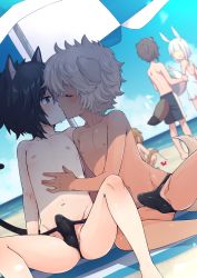  2boys animal_ears black_eyes black_hair blush bulge cloud erection erection_under_clothes grey_hair highres kiss multiple_boys nipples ocean original penis pocchipocchi short_hair shota sky small_penis tail tan yaoi  rating:Explicit score:302 user:FabricioDias