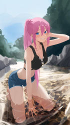 1girl absurdres arm_behind_head barefoot black_tank_top blue_eyes blue_sky blush breasts cleavage collarbone crop_top denim denim_shorts female_focus full_body grin hair_between_eyes highres kawaii_dake_ja_nai_shikimori-san kneeling large_breasts legs long_hair looking_at_viewer midriff outdoors pink_hair ponytail river rock shikimori_miyako short_shorts shorts sky smile so_shio solo tank_top thighs tree water wet rating:Sensitive score:146 user:danbooru