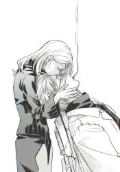  1boy 1girl chair cigarette closed_eyes collared_shirt franken_stein_(soul_eater) glasses greyscale hetero highres hissiu kiss kissing_forehead lab_coat light_blush long_sleeves marie_mjolnir medium_hair monochrome mouth_hold on_chair shirt short_hair simple_background sitting smoke smoking soul_eater upside-down_kiss white_background 