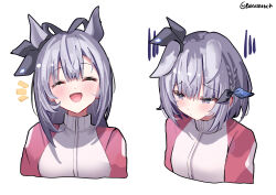  1girl absurdres alternate_costume animal_ears blue_eyes closed_eyes cone_hair_bun cosplay dress grey_hair hair_bun happy highres hololive hololive_indonesia holoro horse_ears horse_girl jacket kemonomimi_mode red_dress rokusketch sad short_hair tracen_training_uniform track_jacket track_suit umamusume vestia_zeta virtual_youtuber 