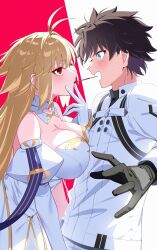  1boy 1girl absurdres archetype_earth arcueid_brunestud bare_shoulders black_gloves black_hair blonde_hair blue_eyes breasts cleavage commentary commission cowboy_shot dress english_commentary fate/grand_order fate_(series) food from_side fujimaru_ritsuka_(male) fujimaru_ritsuka_(male)_(decisive_battle_chaldea_uniform) gloves highres jacket kpaoi large_breasts mouth_hold pocky pocky_kiss red_background red_eyes shared_food strapless strapless_dress tsukihime white_background white_jacket 
