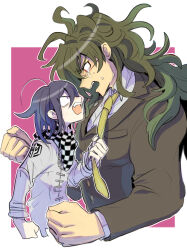  2boys blush brown_jacket checkered_clothes checkered_scarf clenched_hand clothes_grab danganronpa_(series) danganronpa_v3:_killing_harmony eye_contact fang gokuhara_gonta green_hair hair_between_eyes highres jacket kumakoro_(tetsupag) long_hair long_sleeves looking_at_another male_focus messy_hair multiple_boys necktie necktie_grab neckwear_grab oma_kokichi open_mouth purple_hair red_eyes scarf shirt shouting upper_body white_shirt 