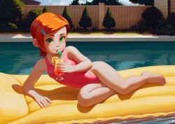 1girl alkemanubis barefoot ben_10 cartoon_network cloud cup drinking drinking_glass drinking_straw feet female_focus fence flat_chest full_body green_eyes gwen_tennyson hair_ornament hairclip highres inflatable_raft loli looking_at_viewer one-piece_swimsuit orange_hair outdoors pink_one-piece_swimsuit pool short_hair sky solo swept_bangs swimsuit water wooden_fence rating:Sensitive score:987 user:dmysta3000