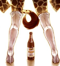  1girl alcohol animal_print beer beer_bottle boots bottle commentary from_behind giraffe_girl giraffe_print giraffe_tail glass_bottle high_heel_boots high_heels highres kemono_friends kirin_(company) kolshica legs lower_body pantyhose print_pantyhose reticulated_giraffe_(kemono_friends) simple_background solo standing tail thigh_boots view_between_legs white_background white_boots 