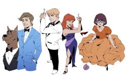  2boys 2girls animal black_bow black_bowtie blonde_hair blue_jacket bob_cut bow bowtie brown_hair commentary daphne_blake dog dress english_commentary facial_hair formal_clothes fred_jones full_body glasses goatee hand_in_pocket jacket mr._and_mrs._smith multiple_boys multiple_girls officeanomaly orange_dress orange_hair puffy_short_sleeves puffy_sleeves purple_dress scooby-doo scooby-doo_(character) shaggy_rogers short_sleeves simple_background smile suit swept_bangs velma_dinkley white_background white_jacket 