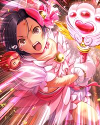  1girl angry battle bell belt black_hair bow brown_eyes bruise bruise_on_arm bruise_on_face bruise_on_leg choker collarbone crack cracked_floor crying crying_with_eyes_open daruma_doll dress emphasis_lines fangs gloves glowing hat hat_bow holding injury kobayakawa_rinko leg_belt leg_up looking_ahead love_plus mage_staff magical_girl midriff motion_blur motion_lines neck_bell official_art open_mouth pink_dress pink_skirt red_choker ribbon_choker short_hair short_sleeves skirt solo speed_lines staff standing standing_on_one_leg tears teeth thigh_belt thigh_strap upper_teeth_only v-shaped_eyebrows white_gloves 