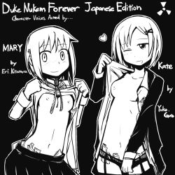 10s 2girls breasts clothes_lift collarbone duke_nukem duke_nukem_forever english_text garter_belt garter_straps gotou_yuuko greyscale heart kaname_junko kate_holsom kitamura_eri mahou_shoujo_madoka_magica mahou_shoujo_madoka_magica_(anime) mary_holsom miki_sayaka money monochrome multiple_girls navel nipples nns_(sobchan) one_eye_closed open_clothes open_shirt panties shirt shirt_lift short_hair skirt small_breasts stripper topless_female underwear voice_actor_connection wink 