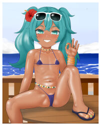  1girl absurdres aqua_eyes aqua_hair bangle bead_necklace beads bikini bracelet brazilian_miku collarbone fellatio_gesture female_focus flat_chest flower foot_out_of_frame green_nails hair_flower hair_ornament hatsune_miku highleg highleg_bikini highres jewelry knee_up loli long_hair looking_at_viewer nail_polish navel necklace on_table orange_nails outdoors purple_bikini sitting smile solo spread_legs sunglasses_on_head swimsuit table teeth thighs toenail_polish toenails toes twintails variant_set vocaloid white-framed_eyewear wooden_table ylcken 