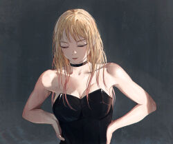  1girl absurdres bare_shoulders big_chunger black_choker black_leotard blonde_hair breasts choker closed_eyes commentary gradient_hair highres kitagawa_marin large_breasts leotard long_hair multicolored_hair open_mouth pink_hair solo sono_bisque_doll_wa_koi_wo_suru 