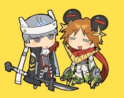  2boys =_= antennae brown_hair cosplay grey_hair hanamura_yousuke izanagi_(persona_4) izanagi_(persona_4)_(cosplay) jacket jiraiya_(persona_4) jiraiya_(persona_4)_(cosplay) male_focus multiple_boys narukami_yu nt_26 persona persona_4 red_scarf scarf sword weapon yellow_background 