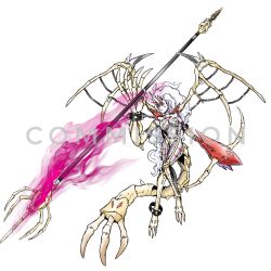  bone breasts claws digimon digimon_(creature) energy fusion highres horns ladydevimon lance missile oridigi original polearm skullgreymon tail weapon weirdomonmaster white_hair wings 